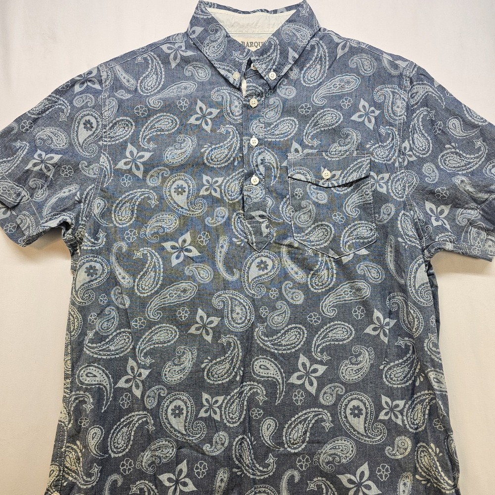 Barque‎ Men's L Blue Paisley Short Sleeve Button Down Shirt Cotton Casual Preppy
